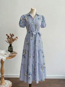 Temptaria Robe mi-longue élégante d'été pour femmes avec col, manches courtes bouffantes, imprimé floral rayé et ceinture boutonnée - Multicolore - Voir 1