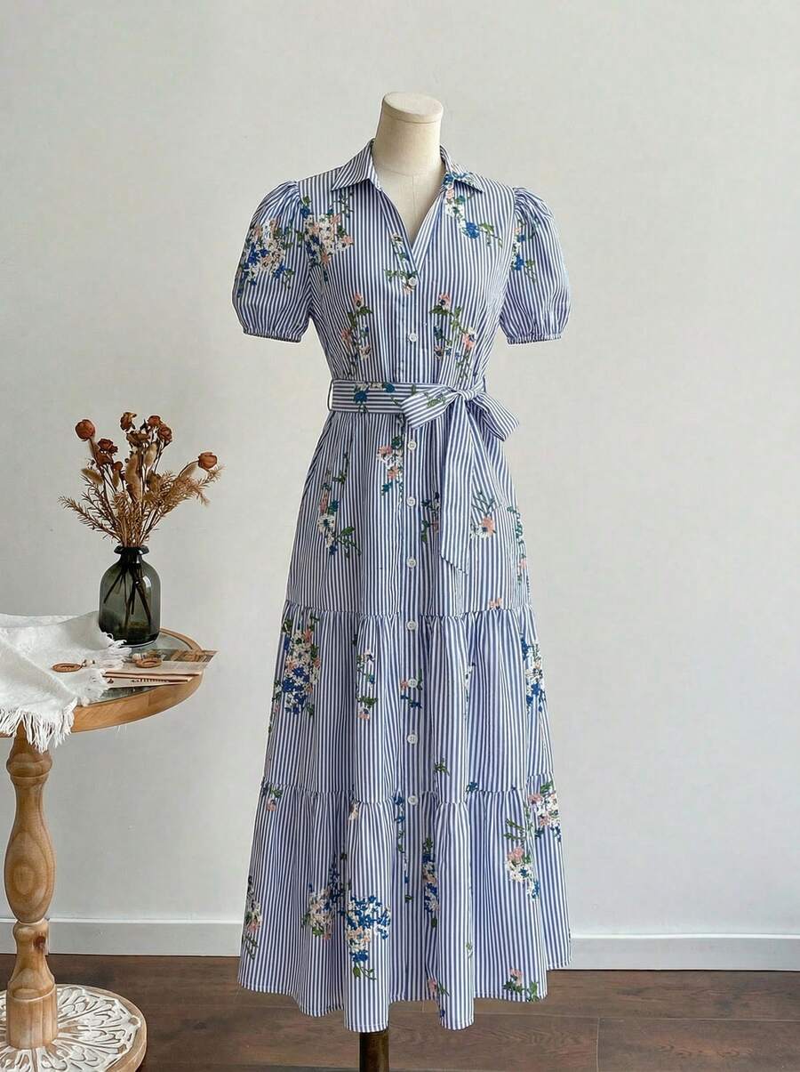 Temptaria Robe mi-longue élégante d'été pour femmes avec col, manches courtes bouffantes, imprimé floral rayé et ceinture boutonnée - Multicolore - Voir 1