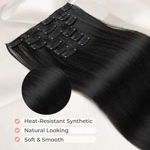 LONAI 6 pièces Extensions de cheveux synthétiques droits de 24 pouces, noir et marron, cheveux naturels avec clips pour usage quotidien, maquillage, fête - Multicolore - Voir 5