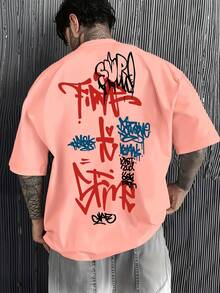 Summer Clothes Oversize Hombre American Street Graffiti-Style T-Shirt With Multicolor Font Print – Hip-Hop Men' Top 100 Percent Cotton Graphic Tees - 粉色 - 查看 1