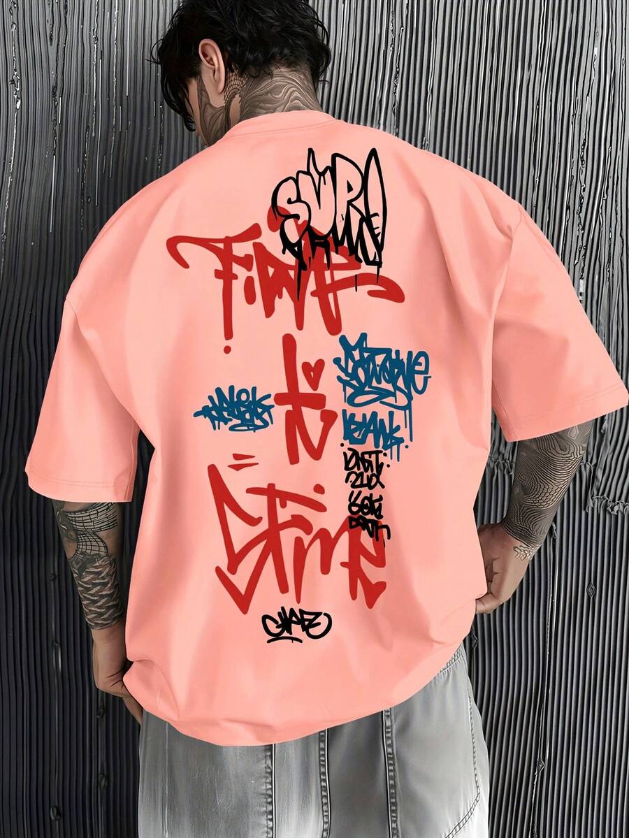 Summer Clothes Oversize Hombre American Street Graffiti-Style T-Shirt With Multicolor Font Print – Hip-Hop Men' Top 100 Percent Cotton Graphic Tees - 粉色 - 查看 1