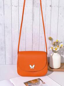 Mini Butterfly Print Decorated Metal Crossbody Shell Bag - Orange - View 5