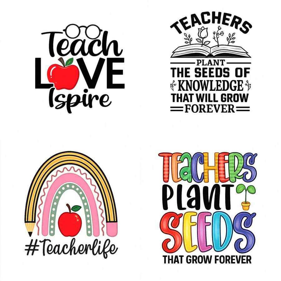 4 Sheets Teachers' Day Iron On Transfers, DTF Transfer Ready To Press For T-Shirts, Teach Love Inspire Teachers Plant The Seeds Of Knowledge That Will Grow Forever Rainbow Apple Pencil Teacherlife Teachers Plant Seeds That Grow Forever , Easy Heat Transfer For Clothing, T-Shirts, Jeans, Backpacks, Hats & Pillows, Washable Stickers Perfect For Casual Style, Ideal Gift For Women And Men. - A - 查看 1