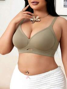 Plus Size Women Solid Color Casual Adjustable Strap Bra - Olive Green - View 3