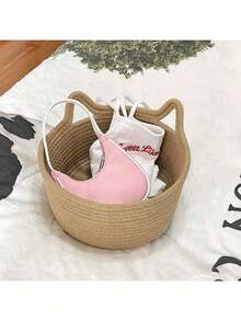 Pink Cat Ear Handmade Woven Desktop Storage Basket, Multifunctional Handheld Basket - Khaki - View 2