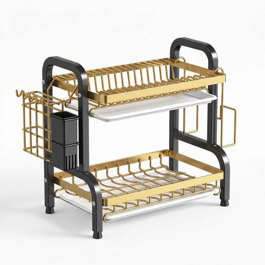 Dish Drainer, 2-Tier Dish Rack, Stainless Steel Dish Drainer With Drip Tray, Kitchen Countertop Rack With Removable Cutlery Holder - Gold - View 1
