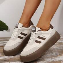 1 Pair Women's Fashionable And Comfortable Casual Shoes, Low-Top Flat Leather Platform Sneakers, Suitable For Shopping, Parties, Travel, Skateboarding, School, Work, Dating, And All-Day Sporty Wear - Brown - View 8