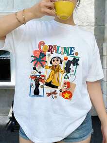 Camiseta femenina de poliéster de estilo retro y holgada, con estampado de muñeca diabólica y diseño de camisa con estampilla, tela cómoda y fácil de combinar, ideal para el verano. - Blanco - Ver 1