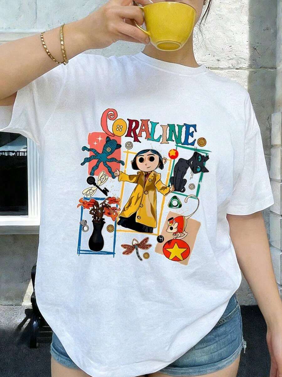 Camiseta femenina de poliéster de estilo retro y holgada, con estampado de muñeca diabólica y diseño de camisa con estampilla, tela cómoda y fácil de combinar, ideal para el verano. - Blanco - Ver 1