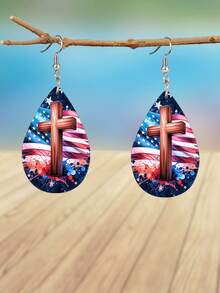 一对基督教美国国旗十字架水滴形PU皮耳环，爱国宗教吊坠耳环，独立日耳环，独特的7月4日和阵亡将士纪念日耳环首饰 - 彩色 - 查看 6