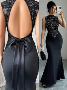 女士优雅性感长裙，收腰露背蝴蝶结设计，高端派对生日宴会蕾丝拼接连衣裙 - 黑色 - 查看 9