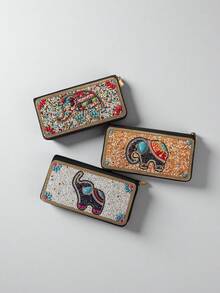 Cartera larga para mujer, artesanía con cuentas brillantes que se puede usar como un bolso de noche, gran capacidad para guardar teléfono, dinero, llaves y otros artículos pequeños, múltiples ranuras para tarjetas para organizar diferentes tarjetas, material de PU de alta calidad con tacto suave, cartera larga con un exquisito patrón de elefante con cuentas que muestra una calidad premium - Multicolor - Ver 5