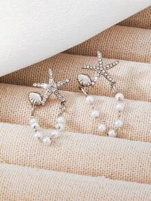 1 Pair European And American Summer Fashion Metal Starfish & Faux Pearl Tassel Earrings, Suitable For Girls Vacation Wear, Mother's Day Gift - Style 2 - View 3