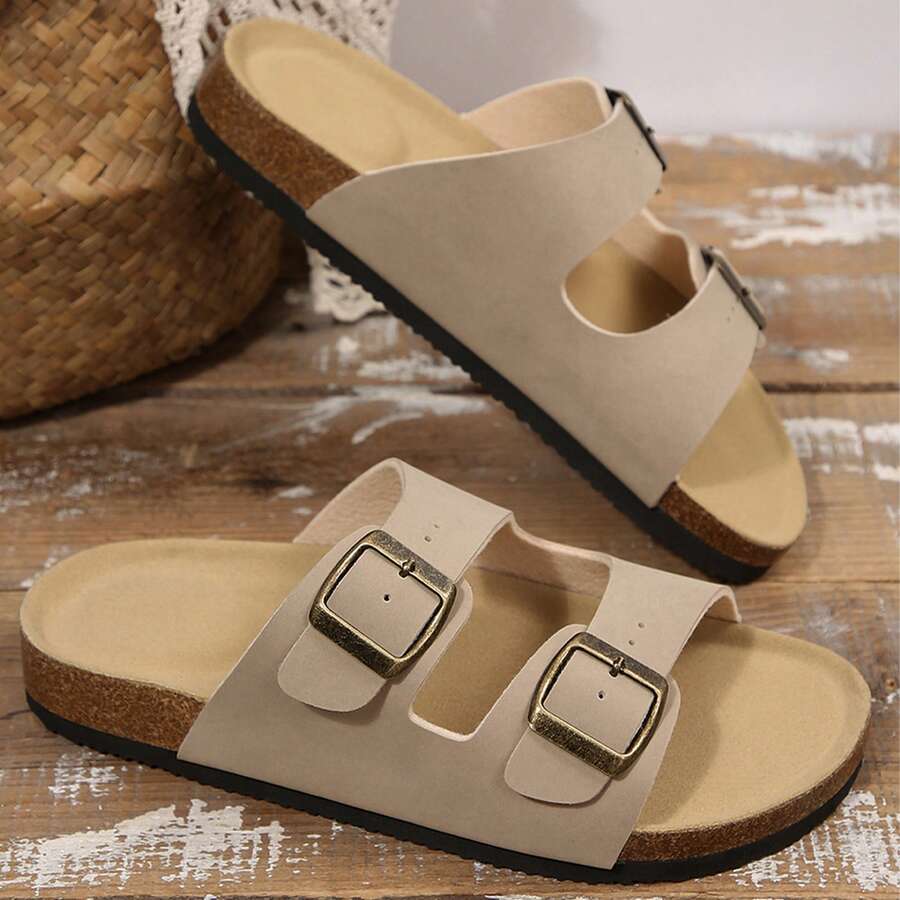Women's Double Buckle Slide Sandals Flats Adjustable Strap Comfort Footbed Summer Casual Beach & Daily Wear Shoes - 灰色 - 查看 1