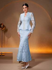 New Elegant 2-Piece Set, V-Neck, Front Pearl Embellished Mid-Sleeves, Custom Fabric, Suitable For Daily, Holiday, Casual Occasions, Solid Color Luxury Skirt, Elegant Embroidered Formal Evening Gown - Baby Blue - View 7
