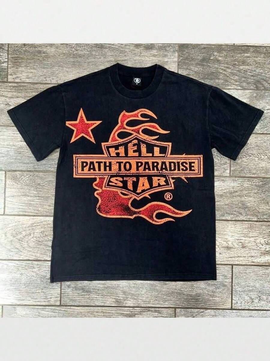 Hellstars Path To Paradise Style Vintage Graphic T-Shirt,180g 100% Cotton,Round Neck Short Sleeve,Black Streetwear Essential For Summer Going Out,Unisex Style Boys Clothes,Boys Tshirt,Girls Clothes,Girls Tops,Tops For Women,Men Clothes,Mens Tshirts,Summer Tops,Graphic T Shirt,Tops For Going Out,Holiday Outfits For Women,Summer Holiday Outfits - 黑色 - 查看 1