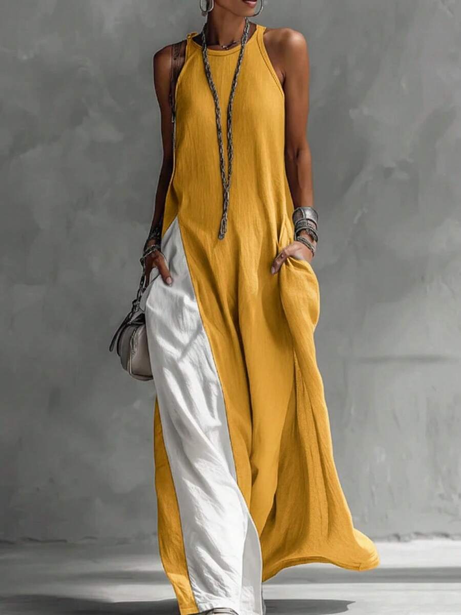 2026 New Women's Sleeveless Loose Pocket Color-Block Casual Off-Shoulder Dress - 黃色 - 查看 1
