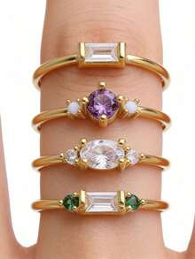 Bộ 4 chiếc nhẫn đá Cubic Zirconia thời trang, thanh lịch dành cho nữ, thích hợp cho lễ đính hôn, đeo hàng ngày, dạo phố và dự tiệc. - Vàng - Xem 3