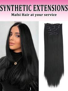 LONAI 6 pièces Extensions de cheveux synthétiques droits de 24 pouces, noir et marron, cheveux naturels avec clips pour usage quotidien, maquillage, fête - Multicolore - Voir 2