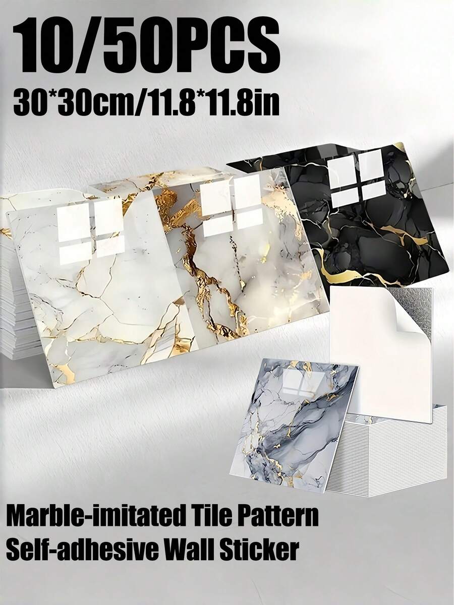 Brodark 10/50片装 30*30厘米仿大理石瓷砖图案自粘墙贴，蓝金/黑金/灰金/白金四种颜色可选，波西米亚现代风格设计，适用于客厅、卧室等多种场景，可自行安装，适用于全屋翻新，防水防潮，易撕易贴，经久耐用。 - 10/50片裝 - 查看 1