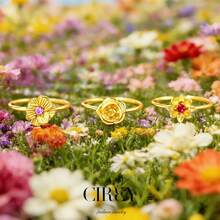 CIREY 1枚镶嵌12颗诞生石的花园12朵花戒指，18K镀金，奢华休闲风格，适合作为礼物 - 金色 - 查看 3