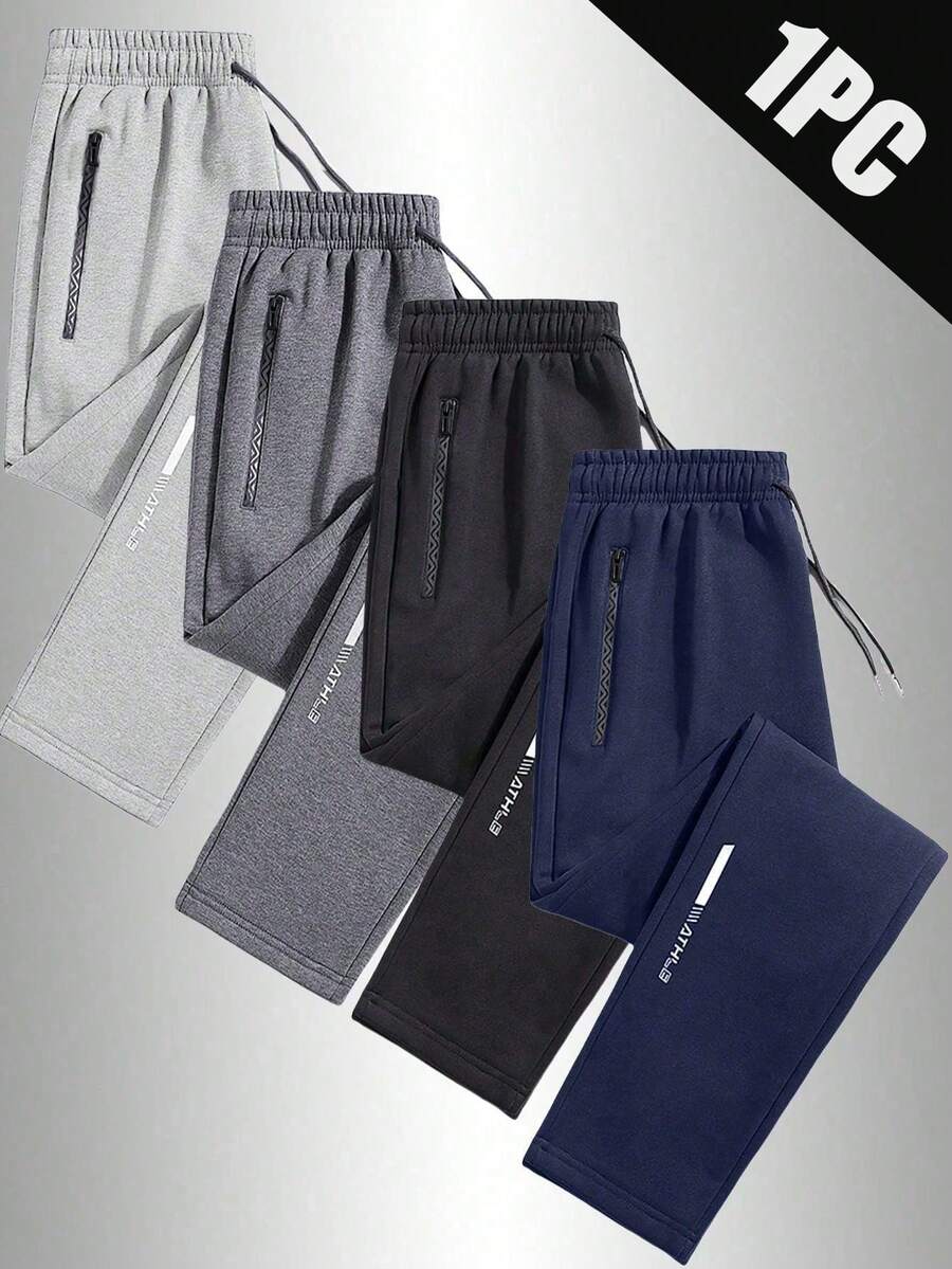 1pc Men's Casual Long Pants, Autumn/Winter Style, Soft And Comfortable Fabric, Reflective Leg Design + Zipper Pocket, Suitable For Running Sports