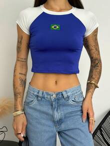 Women's Cropped Blouse Brazil Fitted Raglan Sleeve With Embroidered Patch, Round Neck, Stretch Fabric, Casual Summer Fashion Top, World Cup Top - 藍白色 - 查看 5