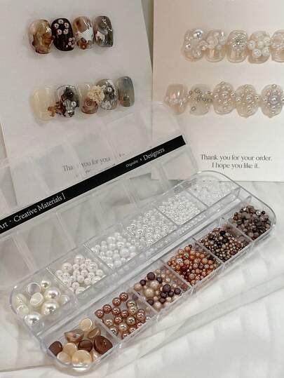 12颗亮面珍珠美甲装饰品，纯白色扁平半圆形混合尺寸美甲珍珠，优雅圆形珍珠装饰盒