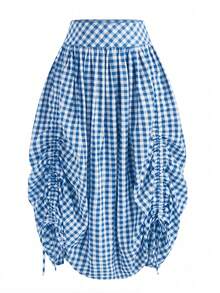Women's French Plaid Casual Pocket Ruffle Drawstring Versatile Skirt For Dates, Beach Spring - Blue - View 2