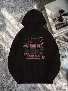 Women's Statement Pattern Printed Long-Sleeved Drawstring Kangaroo Pocket Hooded Sweater - Black - View 1