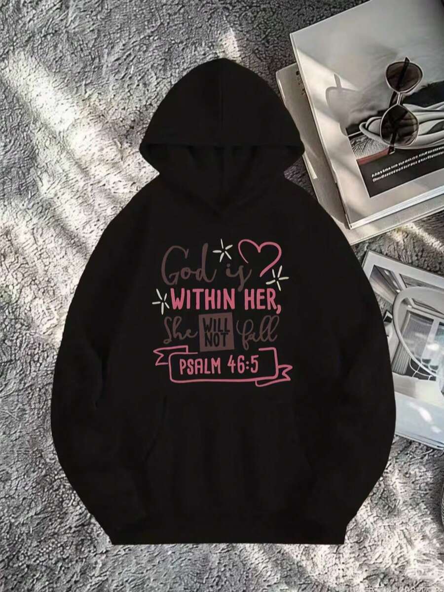 Women's Statement Pattern Printed Long-Sleeved Drawstring Kangaroo Pocket Hooded Sweater - Black - View 1