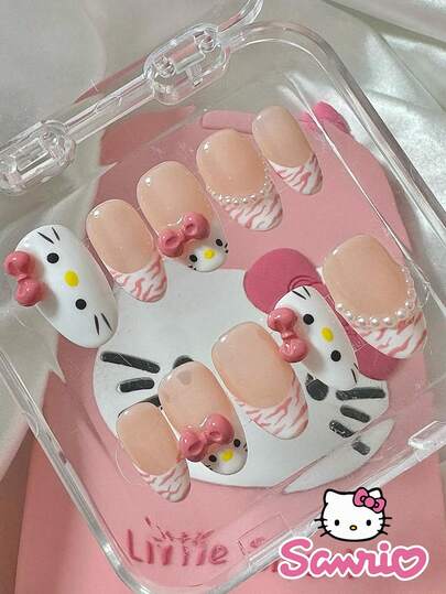 SANRIO סט של 24 ציפורניים מלאכותיות קצרות בצורת שקדים, סנריו גלי ורוד הלו קיטי עשה זאת בעצמך אמנות ציפורניים ורודה חמודה מסגסוגת אקרילית ציפורניים ג'ל להצמדה, ערכת ציפורניים (כולל: גיליון אחד של דבק ג'לי ופצירה) מושלם לדייטים או מסיבות יומיומיות של נשים