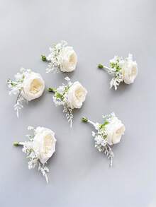 1 Stück/6 Stück künstliche Seide Rose Blume Bräutigam Ansteckblume Mann Bruder Corsage Abschluss Anstecknadel Anzug Hochzeit Blumen Party Dekoration - Milchig weiß - Übersicht 7