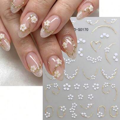 1 Sheet 3D Gold Foil White Flower Nail Art Stickers, Luxury French Style Self-Adhesive Nail Decals, Elegant Floral Nail Decorations For Women DIY Manicure
