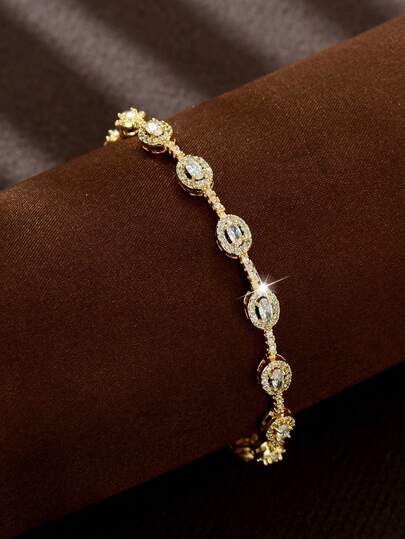 1pc Luxury Bracelet, 18K White Gold Plated With Zirconia, Oval Hollow Decor Chain, Suitable For Women Wedding Wear