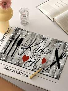 1pc Distressed Gray Wood Grain Silica Gel Kitchen Mat With Sparkling Star Effect, Decorated With Black Cutlery Pattern, Red Heart, And "The Kitchen Is The Heart" Artistic Text, Creating A Cozy Retro Kitchen Atmosphere. Luxury Fashion Kitchen Rug With Cushioning Anti-Fatigue Material - Multicolor - View 12