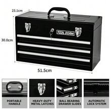 20.3-Inch Metal Toolbox With Drawers, Portable Steel Toolbox With Protective Lining, Metal Clasp And Lock For Garage, Home And Warehouse - black - 查看 2