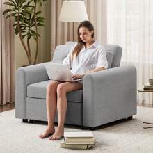 3 In 1 Convertible Single Sofa Bed With Adjustable Backrest, Pull Out Single Sleeper Chair Bed With Pockets For Living Room, Linen Fabric, Light Grey - Gris claro - Individual - Ver 9