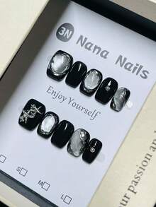 1 gói/10 móng tay giả - Phong cách Gothic Fusion đen & bạc, hình vuông ngắn | Họa tiết ngôi sao pha lê 3D & điểm nhấn | Móng tay giả cá tính phong cách Y2K - màu đen - Xem 1