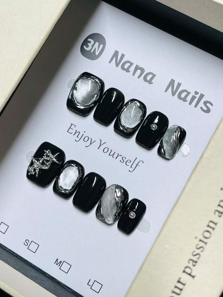 1 gói/10 móng tay giả - Phong cách Gothic Fusion đen & bạc, hình vuông ngắn | Họa tiết ngôi sao pha lê 3D & điểm nhấn | Móng tay giả cá tính phong cách Y2K - màu đen - Xem 1