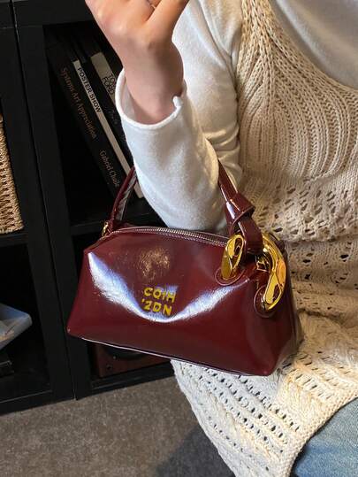 New Fashion Solid Color Clown PU Waterproof Handbag, Letter Graphic Decor, Zipper Closure, Square Tote Bag, Burgundy Handbag, Pendant Decor, Adjustable Shoulder Strap, Suitable For Shopping