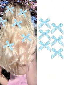 5pcs Plaid Bow Hair Clips, Cute Small Claw Clips For Girls - Blue - View 3