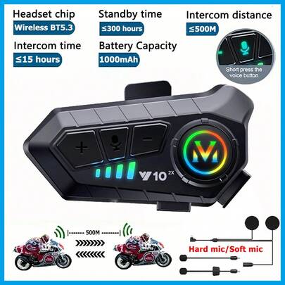 Casque de moto Y10-2X avec intercom Bluetooth intégré, portée jusqu'à 500 m, écouteurs Bluetooth 5.3, réduction de bruit intelligente, qualité audio HiFi, batterie haute capacité 1000 mAh, étanchéité IP56 (eau et poussière), compatible avec les casques intégraux et jet, assistant vocal IA, autonomie de 15 heures en mode intercom, connexion simultanée de 2 téléphones, idéal pour la conduite en extérieur, résiste à la pluie et à la neige. (Intercom uniquement avec des modèles identiques, non compatible avec d'autres modèles)
