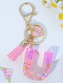 1pc Pink Letter Keychain Resin Drip Glue Butterfly Heart Pendant, Cute Gift For Women Bag/Key Chain - Baby Pink - View 35