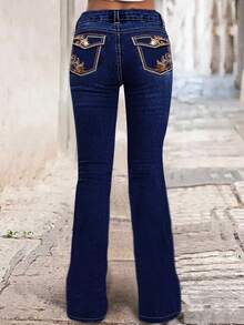 Dark Blue Washed High-Waisted Flared Jeans With Retro Embroidered Floral Details At The Hem. Slimming And Hip-Lifting Western-Style Casual Trousers. - 藍色 - 查看 12
