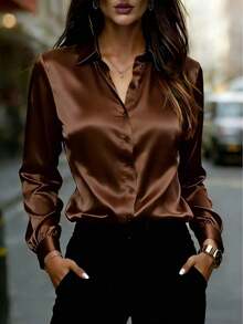 Blusa de satén de manga larga con cuello, blusa elegante de poliéster para primavera y vacaciones - Café integral - Ver 1
