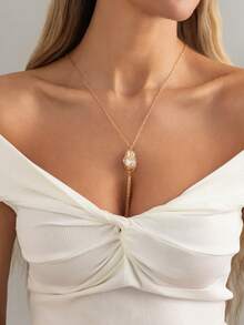 1pc Elegant Geometric Metal Chain Faux Pearl Pendant Y-Shaped Tassel Long Necklace, Luxurious Jewelry For Wedding, Party, Vacation, Casual Wear, Street Style, Women's Gift For Couples, Holiday, Birthday, Versatile - Necklace - View 10