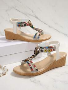 Women's Bohemian Beaded WedgeSandals, Colorful Stone & RhinestoneEmbellished T-Strap Open Toe Low WedgeSandals, Boho Summer Beach Shoeswith Elastic Ankle Strap, ComfortableVacation Walking Sandals For Women - Apricot - View 7