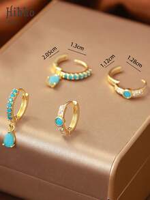 Hihho Bộ 4 đôi bông tai thiết kế độc đáo, sang trọng, đính đá ngọc lam, phụ kiện trang trí tinh tế dành cho nữ, thích hợp đeo hàng ngày, lễ hội, mua sắm và du lịch. - Bộ hoa tai - Xem 6