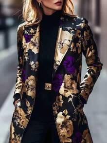 Women's Spring/Fall Fashionable Retro Floral Print Long-Sleeve Mid-Length Blazer With A Notched Collar - Màu tím - Xem 3